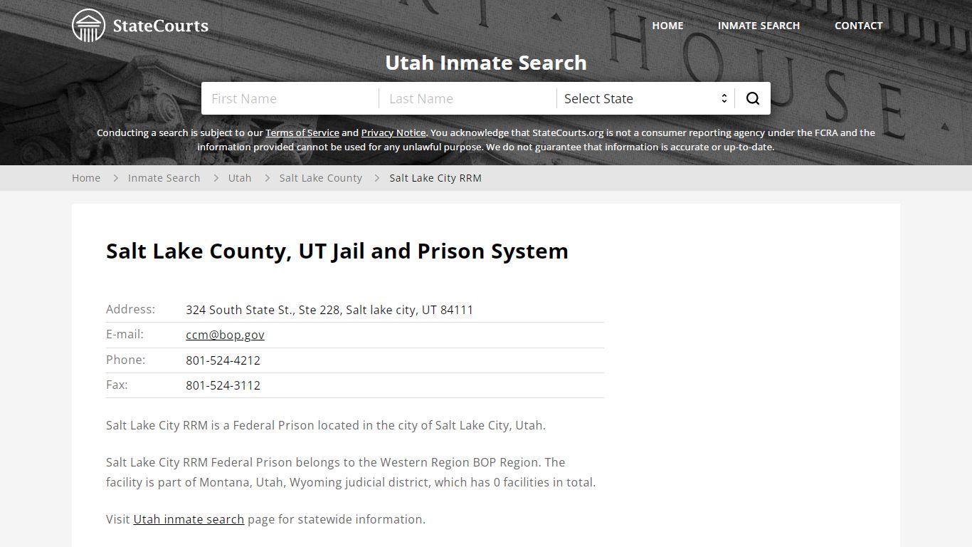 Salt Lake City RRM Inmate Records Search, Utah - StateCourts